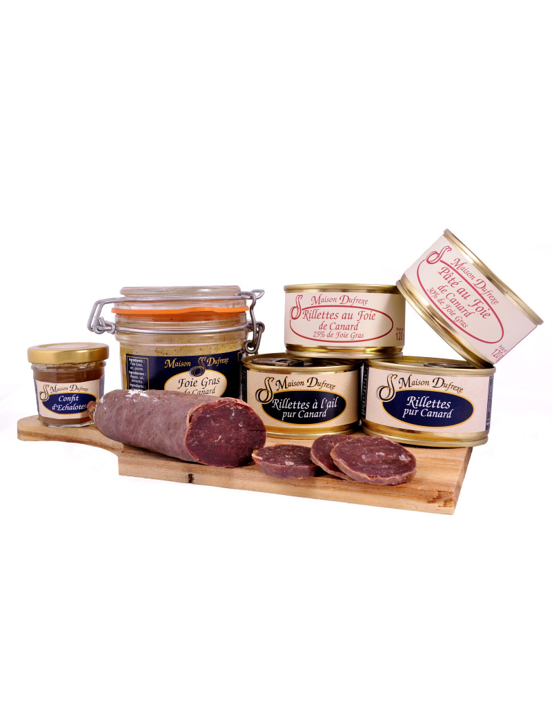 Coffret champêtre - Foie gras, rillettes, pâté, saucisson et confit -  Maison Dufrexe